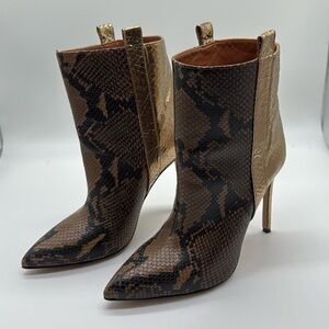 Paris Texas Metallic Snake Embossed Stiletto Booties Boots Tan/Gold Size 8.5